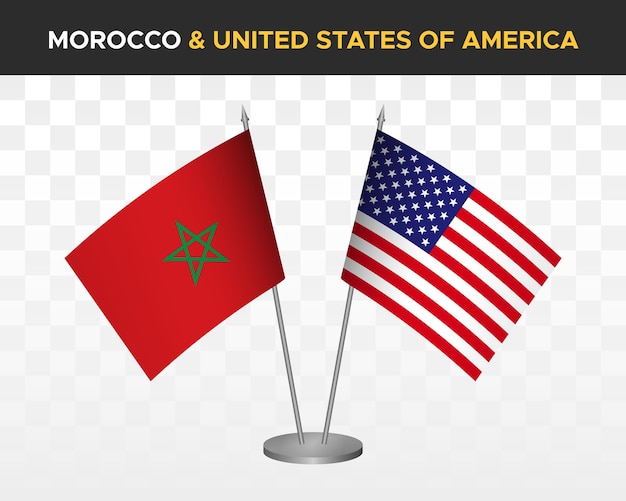 Morocco vs USA united states america desk flags mockup isolated 3d vector illustration table flags