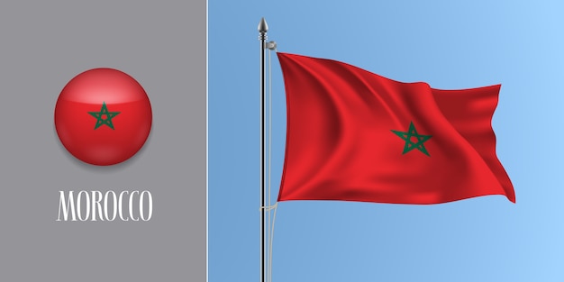 Vector morocco waving flag on flagpole and round icon   illustration