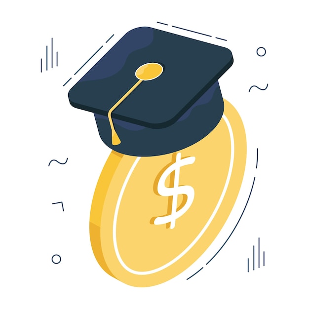 Mortarboard with dollar coin isometric design of educational grant