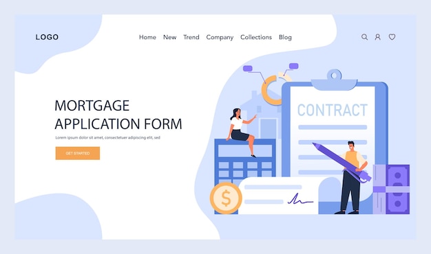 Mortgage application form concept a woman steps up calculator buttons while a man holds a giant pen