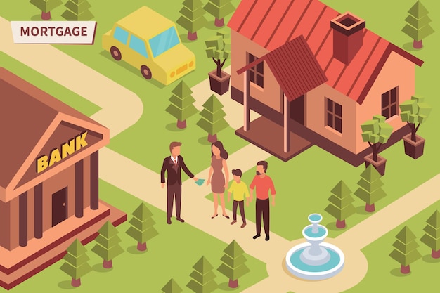 Mortgage bank isometric outdoor illustration