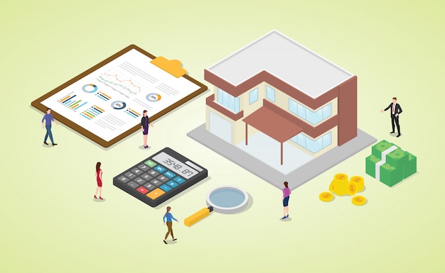 Ипотечный калькулятор с командой людей и дом с небольшим количеством денег и расчет диаграммы графика с изометрической современной плоской стиле