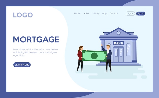 Mortgage concept house loan pay credit or money investment to real estate property money investment contract male and female characters holding banknote website landing page vector illustration