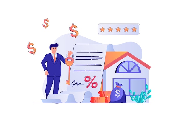 Vector mortgage concept with people scene man realtor sells houses and helps to arrange mortgage loan in bank closes deals and gives keys vector illustration with characters in flat design for web