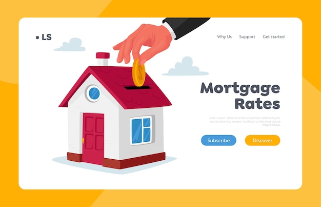 Mortgage and home buying landing page template. huge hand put gold coin in slot at roof of cottage house