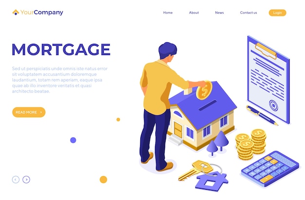 Mortgage house isometric concept with home and man invests money in real estate