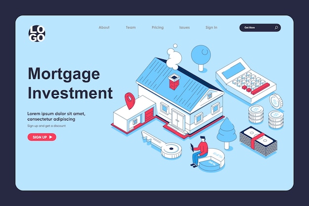Концепция ипотечных инвестиций в 3d изометрическом дизайне для шаблона целевой страницы Люди покупают новые дома с квартирами, вкладывая деньги в недвижимость, владеющую недвижимостью Векторная иллюстрация для Интернета