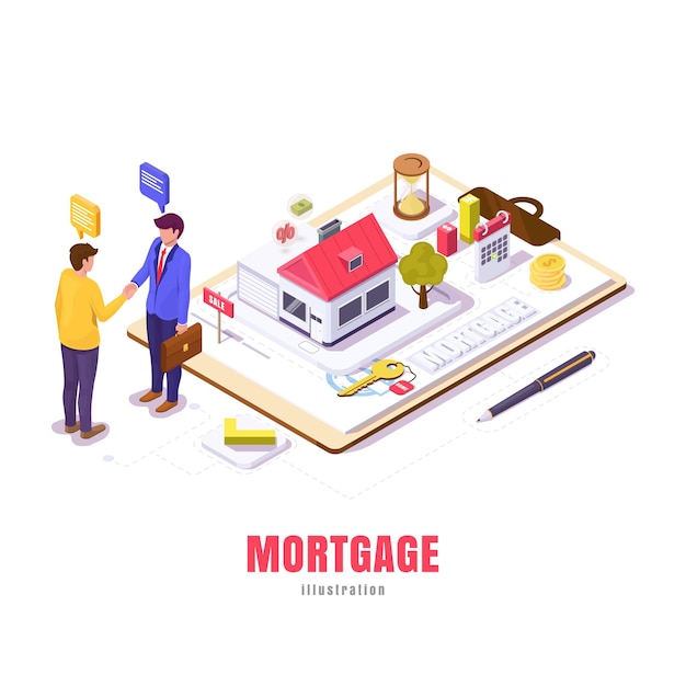 Vector mortgage in isometric, young guy negotiates a mortgage house with realtor