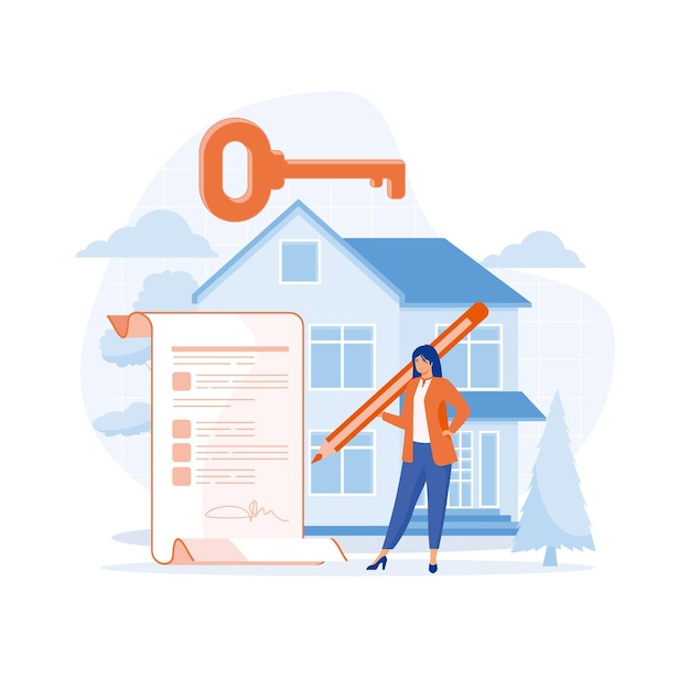 Vector mortgage process, characters buying property with mortgage, receiving bank approval, signing contact and legal documents, flat vector modern illustration