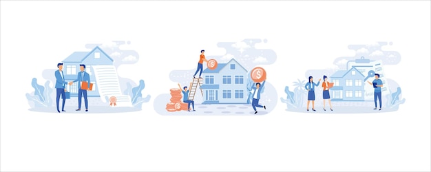 Mortgage process illustration set. Characters buying property with mortgage, receiving bank approval