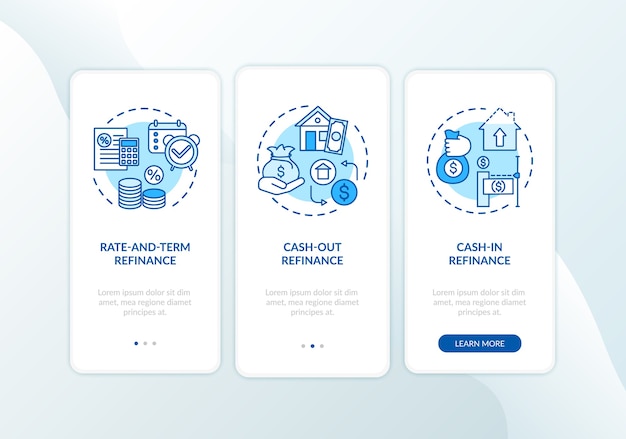 Tipi di rifinanziamento ipotecario onboarding schermata della pagina dell'app mobile con concetti