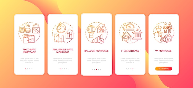 Mortgage types onboarding mobile app page screen with concepts