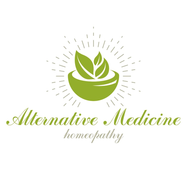 Mortier en stamper grafisch vectorsymbool samengesteld met groene bladeren. Homeopathie creatief logo voor gebruik in geneeskunde, revalidatie of farmacologie.