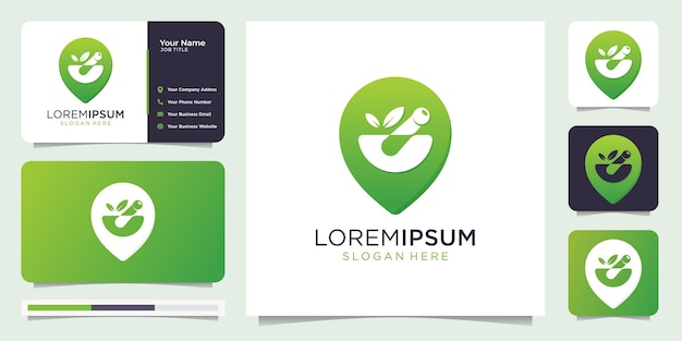 Mortierpin, locatie logo ontwerpconcept, natuur, groen, blad, groei, met visitekaartje.