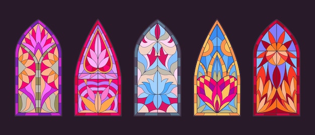 Mosaic stained glass windows Arched church windows decorative stained glasses Cathedral glass windows flat vector illustration set