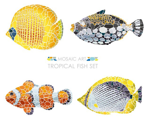 Vettore insieme del pesce tropicale del mosaico, illustrazione di vettore.