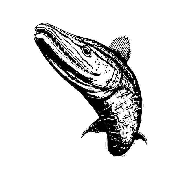Vector mosasaurus vintage logo lijntekeningen concept zwart-witte kleur hand getekende illustratie