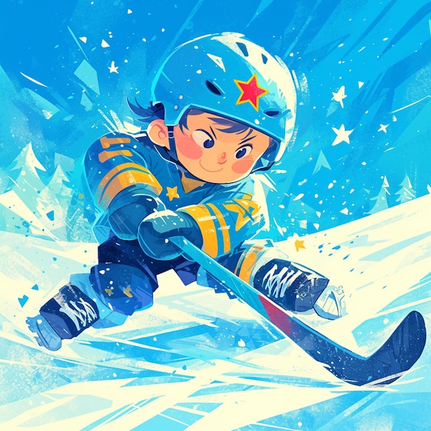 A Moscow boy plays bandy in cartoon style