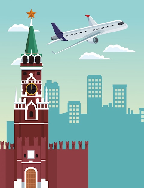 The moscow kremlin and airplane flying, colorful design