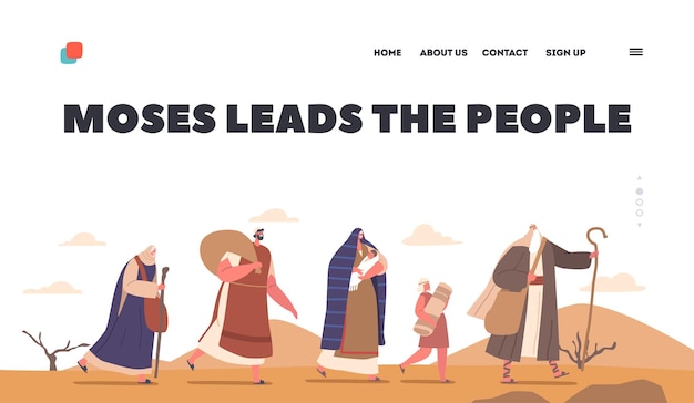 Moses Leads the People Landing Page Template Biblical Prophet Guides Israelites Through Desert Vector Illustration