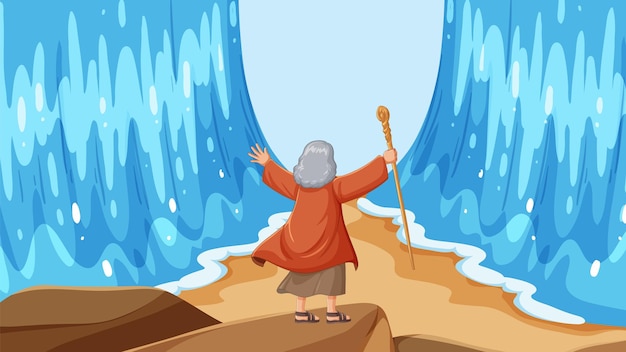 Vector moses parting the red sea a vector cartoon illustration