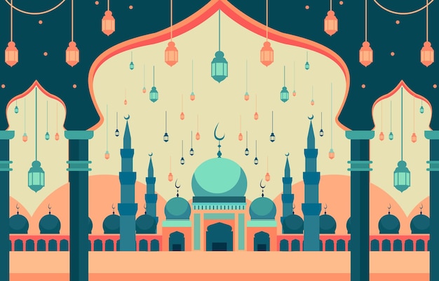 Vector moskee en lantaarn islamitische eid al fitr festival kaart