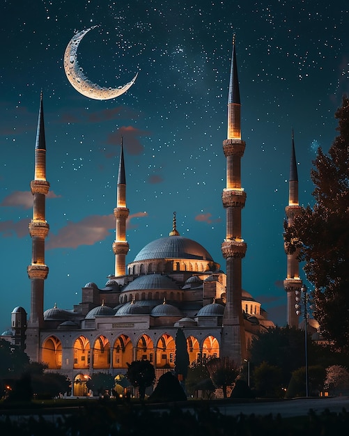 Moskee in de nachtelijke hemel met volle maan