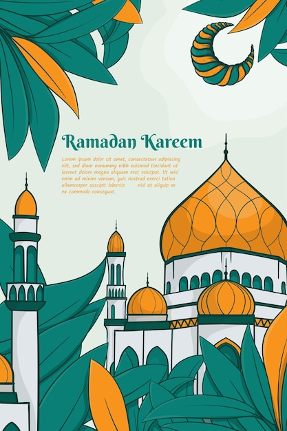 Moskee met groen blad in hand getekend ontwerp voor ramadan kareem of eid-sjabloonontwerp