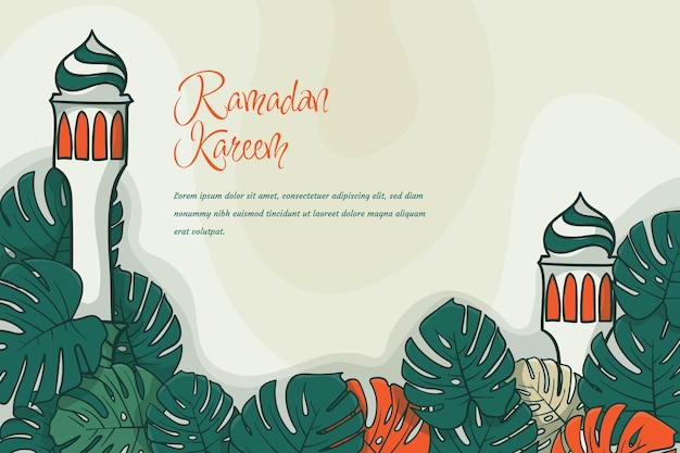 Moskee minaret achtergrond met monserat blad ontwerp voor ramadan kareem sjabloon