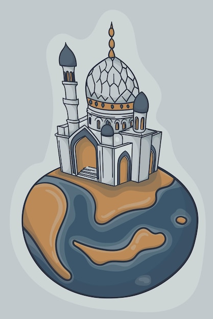 Moskee op aarde in hand getekend illustratieontwerp voor ramadan kareem sjabloonontwerp