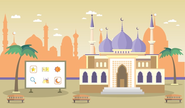 Moskee op de achtergrond van de stad. Pictogrammen met islamitische symbolen. Vector illustratie.