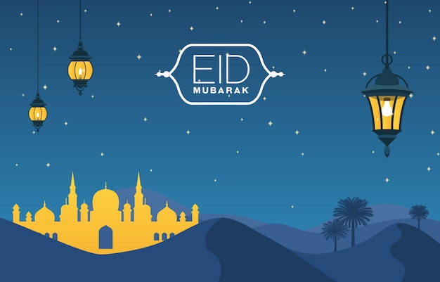 Moskee op woestijn met datum Tree Lantern Islamitische illustratie van Happy Eid Mubarak