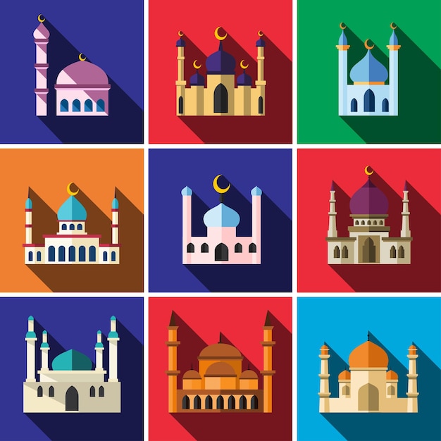 Moskee platte pictogram set illustratie geïsoleerde vector teken symbol