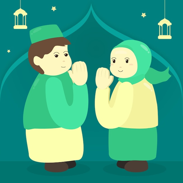 Moslem couple man woman hijab cute vector illustration