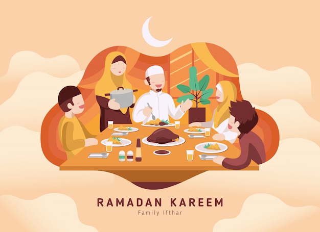 Famiglia musulmana che mangia ramadan ifthar insieme nella felicità