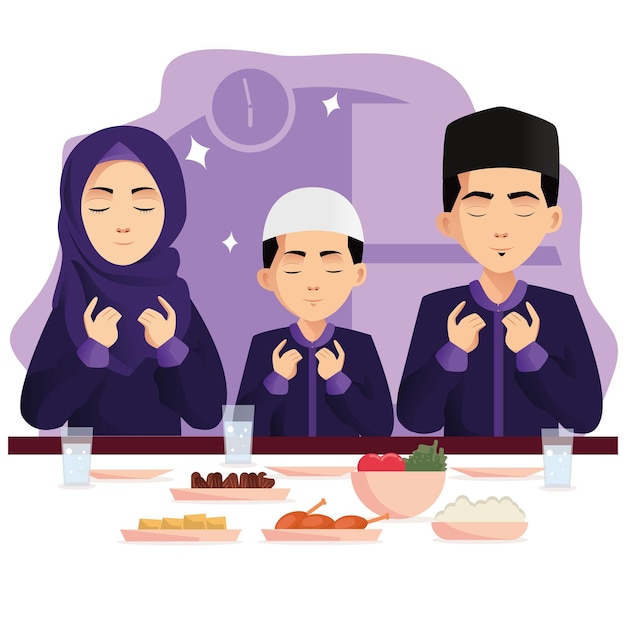 Famiglia musulmana che mangia ramadan ifthar insieme nella felicità