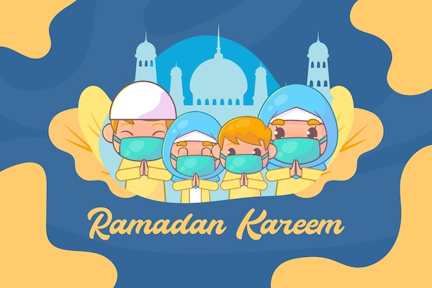 Famiglia musulmana saluto ramadan kareem islamico con maschera