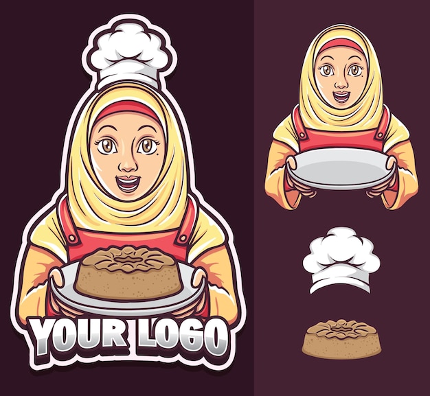 Hijab 로고를 입고 이슬람 소녀 요리사