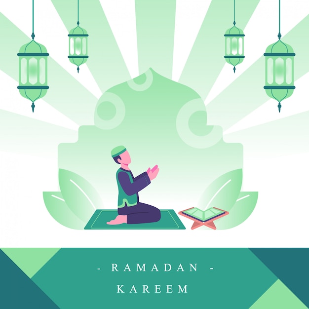 Moslem guy praying at mosque. ramadan activities concept flat illustration