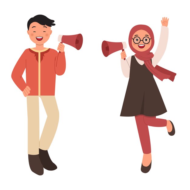 moslem man and woman using megaphone for promotional campaign. flat style isolated on white background