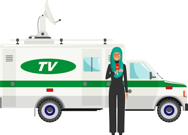 Moslim Arabische man persverslaggever in hijab met microfoon in de buurt van Car Crew News met satellietantenne