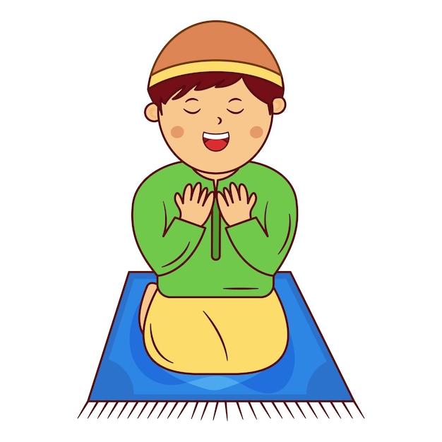 Vector moslim cartoon illustratie van een jongen die op een gebedsmat zit