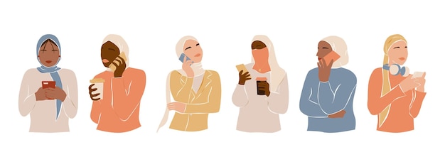 Vector moslim diversiteit vrouwen met smartphone moderne abstracte meisjes in hijab chatten en praten over telefoon arabische bussineswomen platte vectorillustratie geïsoleerd op witte achtergrond