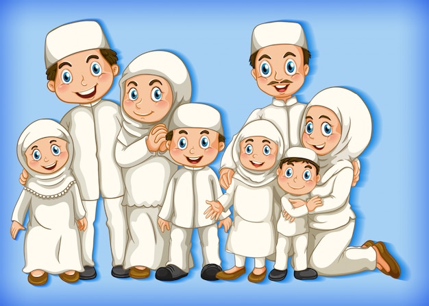 Moslim familielid op cartoon karakter kleurverloop achtergrond