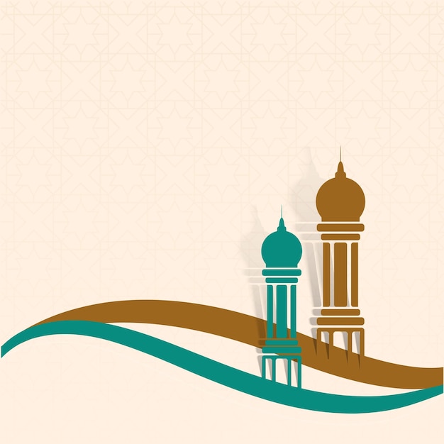 Moslim gemeenschap festival concept met moskee minaretten en kopie ruimte op lichte perzik islamitische patroon achtergrond