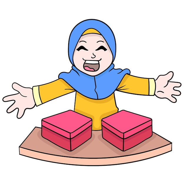 Moslim hijab-meisjes delen graag geschenken uit aan mensen, vectorillustratiekunst. doodle pictogram afbeelding kawaii.