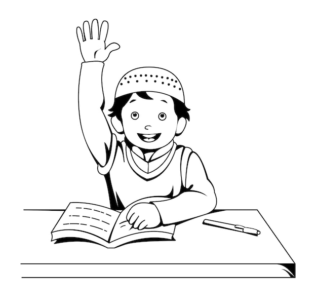 Moslim jongen in klas kleurboek 2d clip art vector illustratie