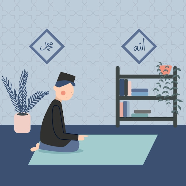 Moslim man shalat in woonkamer illustratie