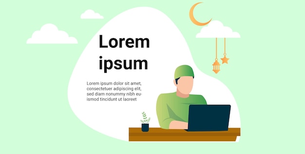 Moslim met laptop activiteit banner en ansichtkaart sjabloon illustratie ontwerp