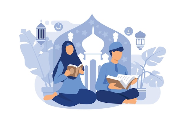 Moslim paar lezen en bestuderen van de Koran tijdens Ramadan Kareem heilige maand vectorillustratie